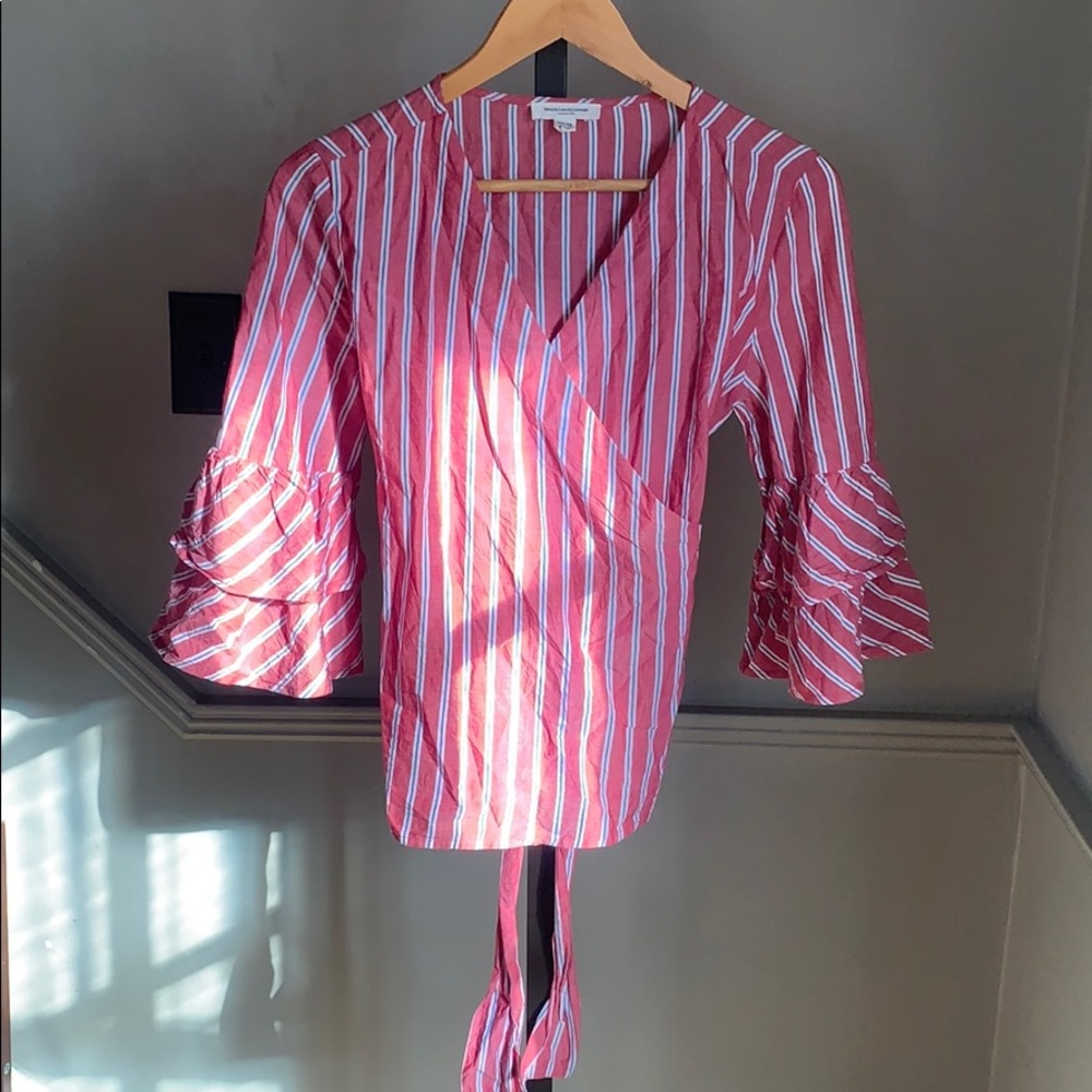 Red and blue blouse with back tie
